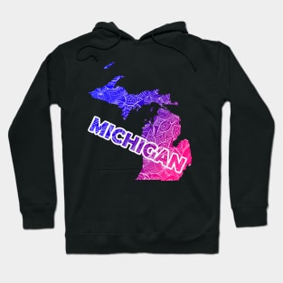 Colorful mandala art map of Michigan with text in blue and violet Hoodie